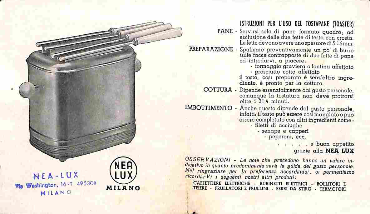 Istruzioni per l'uso del tostapane Nea Lux (foglietto pubblicitario)